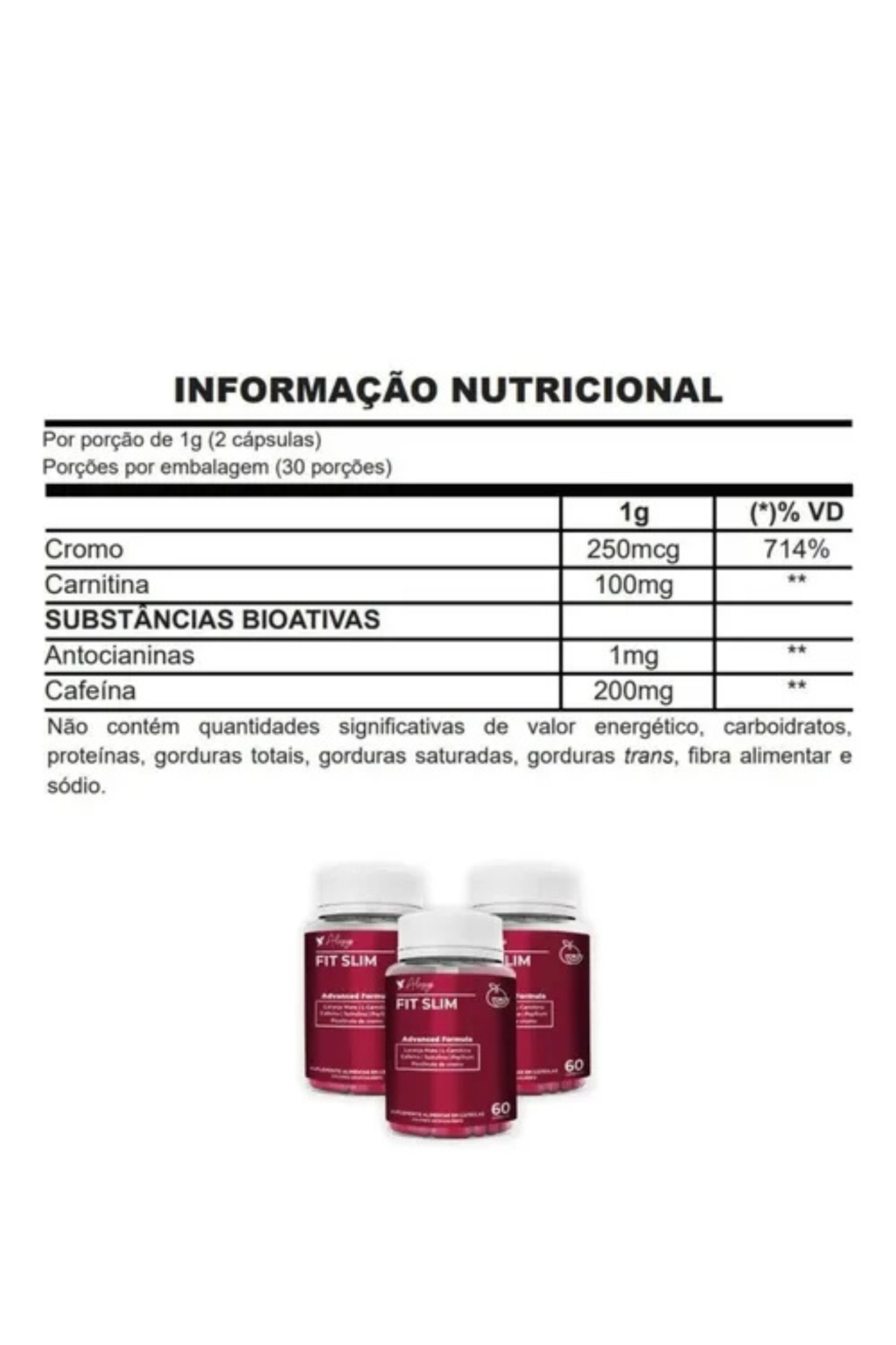 FitSlim - Laranja Moro, Cafeína, Carnitina, Psyllium, Cromo e Spirulina - 60 Cápsulas
